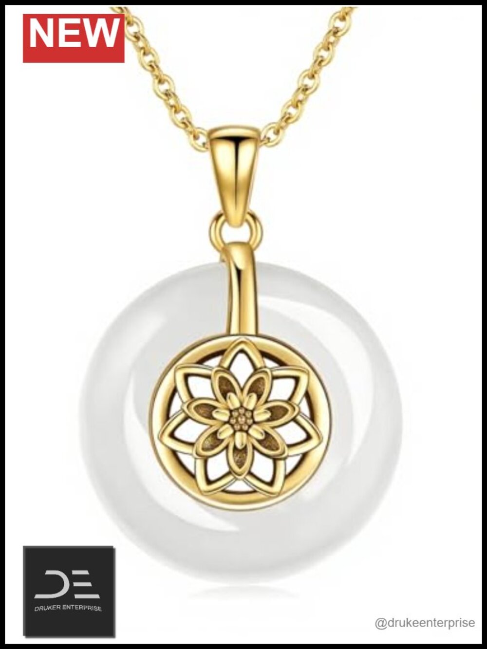 925 Sterling Silver Natural Jade Pendant Necklace Lotus Flower